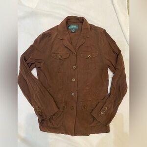Lauren Ralph Lauren Chocolate Brown Field Shirt M 100% Silk Lightweight Jacket